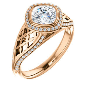 Cubic Zirconia Engagement Ring- The Timothea (Customizable Cathedral-Halo Cushion Cut Design with Three-sided Wide Pavé Artisan Band)