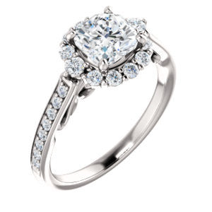 Cubic Zirconia Engagement Ring- The Oceane (Customizable Cushion Cut Design with Raised Decorative-Peekaboo Trellis, Halo and Thin Pavé Band)