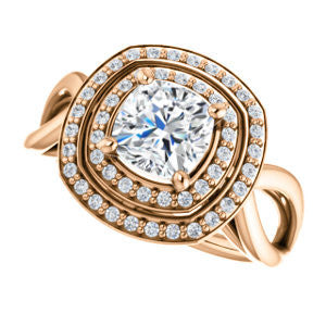 CZ Wedding Set, featuring The Magda Lesli engagement ring (Customizable Double-Halo Style Cushion Cut with Curving Split Band)
