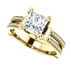Cubic Zirconia Engagement Ring- The Kaitlyn (Customizable Princess Cut with Flanking Baguettes And Round Channel Accents)
