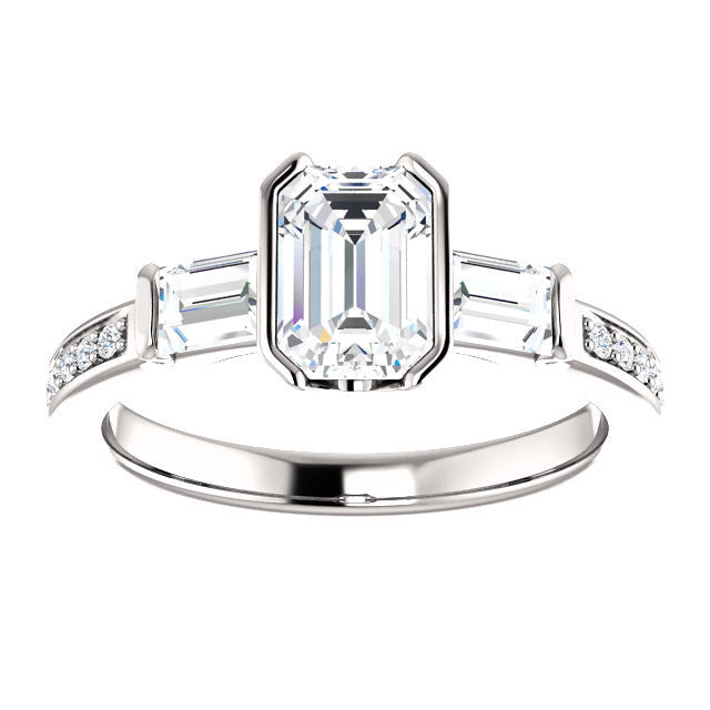 Cubic Zirconia Engagement Ring- The Naomi (Customizable Bezel-set Emerald Cut Design with Dual Baguettes & Pavé Band)