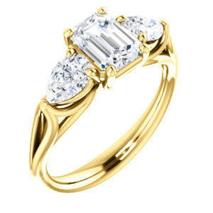 Cubic Zirconia Engagement Ring- The Ila (Customizable 3-stone Design with Emerald Cut Center, Pear Accents and Split Band)