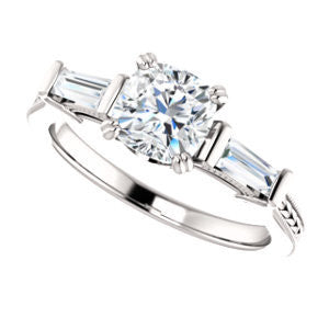 Cubic Zirconia Engagement Ring- The Kimiko (Customizable 3-stone Cushion Cut Design with Baguette Accents and Thin Wheat-Filigree Band)