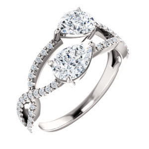 Cubic Zirconia Engagement Ring- The Harleigh (Customizable 2-stone Pear Cut Artisan Style With Twisting Split-Pavé Band)