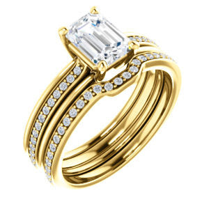 CZ Wedding Set, featuring The Rikki engagement ring (Customizable Emerald Cut Design with Double-Grooved Pavé Band)