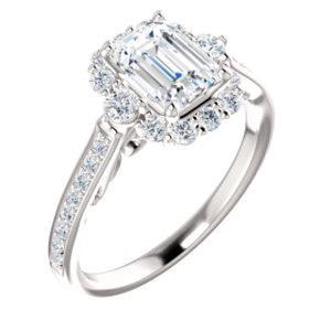Cubic Zirconia Engagement Ring- The Oceane (Customizable Emerald Cut Design with Raised Decorative-Peekaboo Trellis, Halo and Thin Pavé Band)