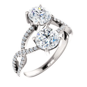 Cubic Zirconia Engagement Ring- The Harleigh (Customizable 2-stone Round Cut Artisan Style With Twisting Split-Pavé Band)