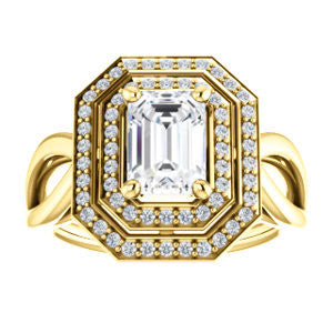 Cubic Zirconia Engagement Ring- The Magda Lesli (Customizable Double-Halo Style Radiant Cut with Curving Split Band)