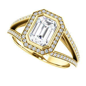 Cubic Zirconia Engagement Ring- The Maritza (Customizable Bezel-Halo Emerald Cut Style with Pavé Split Band & Euro Shank)