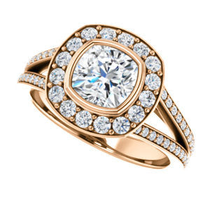 Cubic Zirconia Engagement Ring- The Maricela (Customizable Bezel-Halo Cushion Cut Ring with Wide Tapered Pavé Split Band & Decorative Trellis)