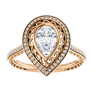 Cubic Zirconia Engagement Ring- The Sydney Ava (Customizable Cathedral-Bezel Pear Cut Filigreed Design with Halo & Pavé Accents)