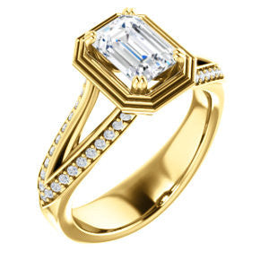 Cubic Zirconia Engagement Ring- The Reina (Customizable Ridged-Bevel Surrounded Emerald Cut with 3-sided Split-Pavé Band)