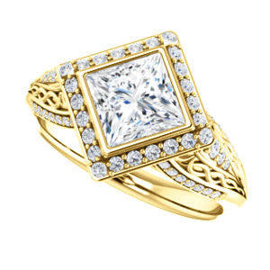 Cubic Zirconia Engagement Ring- The Tisha (Customizable Bezel-Halo Princess Cut Design with Wide Filigree & Accent Band)