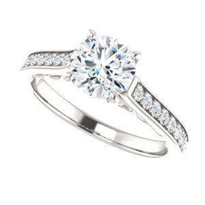 Cubic Zirconia Engagement Ring- The Jamiyah (Customizable Round Cut Design with Decorative Trellis Engraving and Pavé Band)