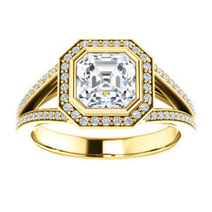 Cubic Zirconia Engagement Ring- The Maritza (Customizable Bezel-Halo Asscher Cut Style with Pavé Split Band & Euro Shank)