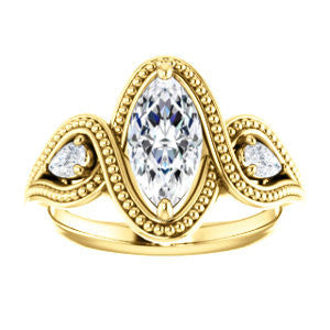 Cubic Zirconia Engagement Ring- The Nainika (Customizable 3-stone Marquise Cut Design with Pear Accents and Filigreed Split Band)