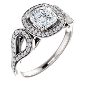 Cubic Zirconia Engagement Ring- The Roya (Customizable Cathedral-Halo Cushion Cut Design with Wide Ribbon-inspired Split-Pavé Band)