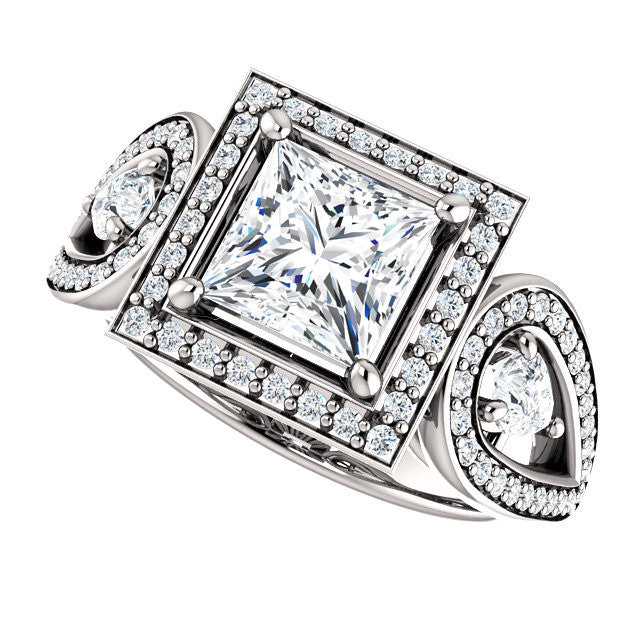 Cubic Zirconia Engagement Ring- The Luz Marie (Customizable Halo-style Princess Cut with Split-Pavé Band & Pear Accents)