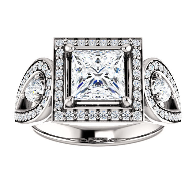 Cubic Zirconia Engagement Ring- The Luz Marie (Customizable Halo-style Princess Cut with Split-Pavé Band & Pear Accents)