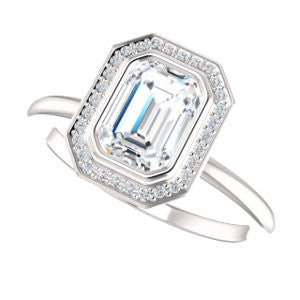 Cubic Zirconia Engagement Ring- The Maura (Customizable Bezel-set Emerald Cut Halo Design with Thin Band)