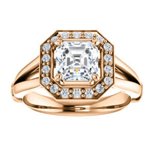 Cubic Zirconia Engagement Ring- The Madison Taylor (Customizable Asscher Cut Halo Design with Split Band and Dual Round Side-Knuckle Accents)