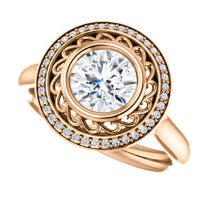 Cubic Zirconia Engagement Ring- The Bessie (Customizable Cathedral-Bezel Round Cut Design with Flowery Filigree and Halo)