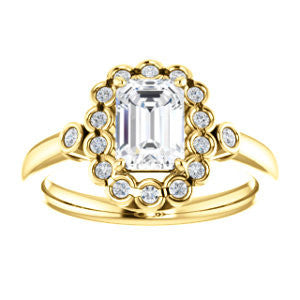 Cubic Zirconia Engagement Ring- The Raleigh (Customizable Emerald Cut Design with Clustered Halo and Round Bezel Accents)