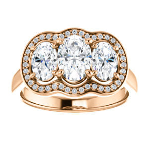 Cubic Zirconia Engagement Ring- The Nettie (Customizable Enhanced 3-stone Halo-Surrounded Design with Oval Cut Center, Dual Oval Cut Accents, and Decorative Pavé-Accented Trellis)