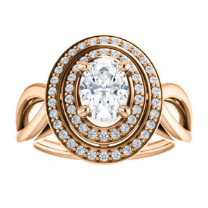 Cubic Zirconia Engagement Ring- The Magda Lesli (Customizable Double-Halo Style Oval Cut with Curving Split Band)