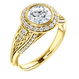 Cubic Zirconia Engagement Ring- The Tisha (Customizable Bezel-Halo Round Cut Design with Wide Filigree & Accent Band)