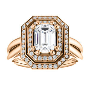 CZ Wedding Set, featuring The Brielle engagement ring (Customizable Emerald Cut Cathedral Double-Halo with Curved Split-Band)