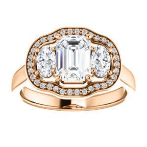 Cubic Zirconia Engagement Ring- The Nettie (Customizable Enhanced 3-stone Halo-Surrounded Design with Emerald Cut Center, Dual Oval Cut Accents, and Decorative Pavé-Accented Trellis)