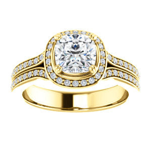 Cubic Zirconia Engagement Ring- The Mia Sofía (Customizable Cathedral-Halo Cushion Cut Style with Wide Split-Pavé Band)