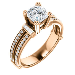 Cubic Zirconia Engagement Ring- The Kaitlyn (Customizable Cushion Cut with Flanking Baguettes And Round Channel Accents)