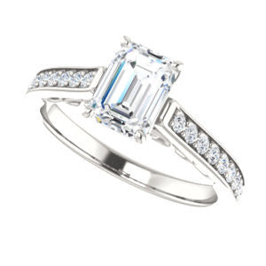 Cubic Zirconia Engagement Ring- The Jamiyah (Customizable Emerald Cut Design with Decorative Trellis Engraving and Pavé Band)