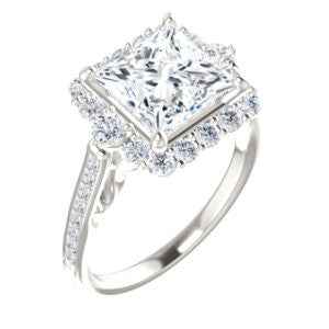Cubic Zirconia Engagement Ring- The Oceane (Customizable Princess Cut Design with Raised Decorative-Peekaboo Trellis, Halo and Thin Pavé Band)