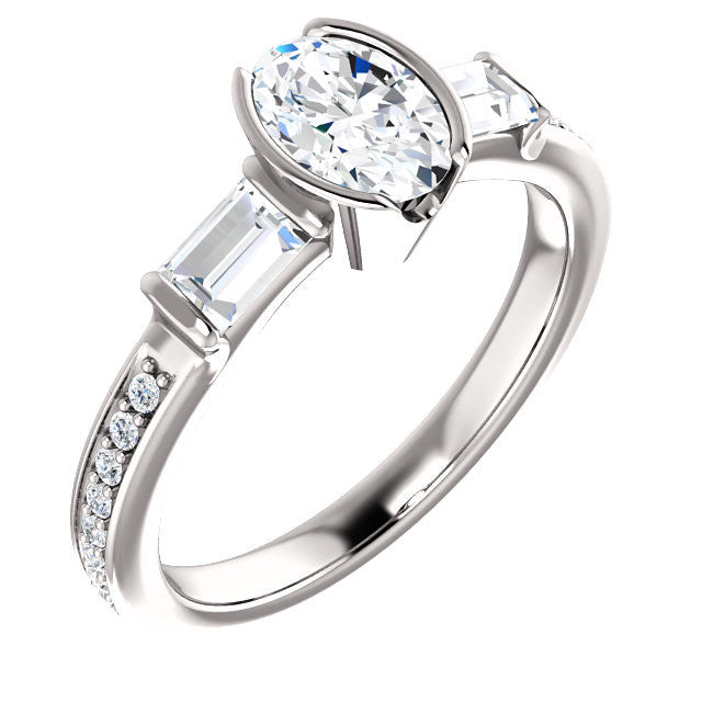 Cubic Zirconia Engagement Ring- The Naomi (Customizable Bezel-set Oval Cut Design with Dual Baguettes & Pavé Band)