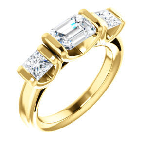 Cubic Zirconia Engagement Ring- The Nazareth (Customizable 3-stone Bar-set Emerald Cut Design with Princess Accents)