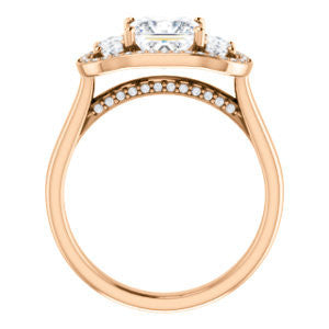 Cubic Zirconia Engagement Ring- The Nettie (Customizable Enhanced 3-stone Halo-Surrounded Design with Princess Cut Center, Dual Oval Cut Accents, and Decorative Pavé-Accented Trellis)