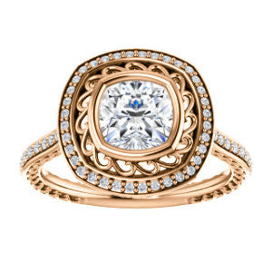 Cubic Zirconia Engagement Ring- The Sydney Ava (Customizable Cathedral-Bezel Cushion Cut Filigreed Design with Halo & Pavé Accents)