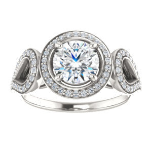 Cubic Zirconia Engagement Ring- The Roya (Customizable Cathedral-Halo Round Cut Design with Wide Ribbon-inspired Split-Pavé Band)