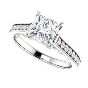 Cubic Zirconia Engagement Ring- The Jamiyah (Customizable Princess Cut Design with Decorative Trellis Engraving and Pavé Band)