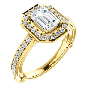 Cubic Zirconia Engagement Ring- The Sally (Customizable Halo-Emerald Cut Design with Round Side Knuckle and Pavé Band Accents)