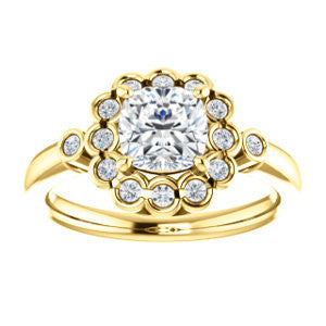 Cubic Zirconia Engagement Ring- The Raleigh (Customizable Cushion Cut Design with Clustered Halo and Round Bezel Accents)