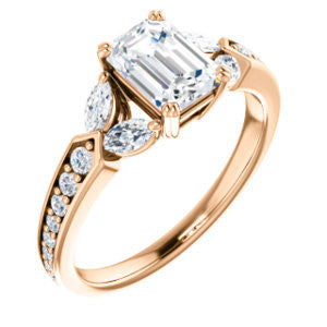 Cubic Zirconia Engagement Ring- The Rosalyn (Customizable Emerald Cut with Marquise Accent Butterflies and Round Channel)