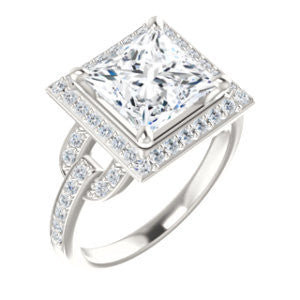 Cubic Zirconia Engagement Ring- The Karli Grace (Customizable Princess Cut Design with Halo and Interlocking Links Accented Split Band)