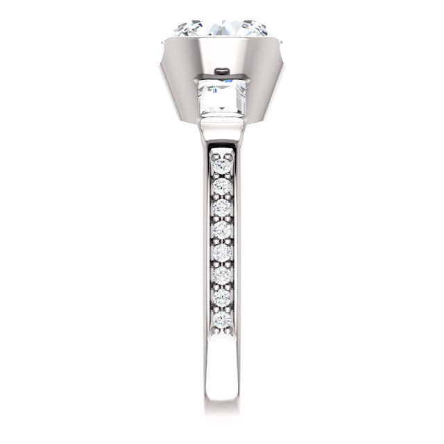 Cubic Zirconia Engagement Ring- The Naomi (Customizable Bezel-set Round Cut Design with Dual Baguettes & Pavé Band)