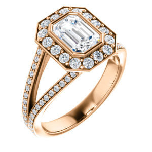 CZ Wedding Set, featuring The Maricela engagement ring (Customizable Bezel-Halo Emerald Cut Ring with Wide Tapered Pavé Split Band & Decorative Trellis)
