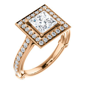 Cubic Zirconia Engagement Ring- The Sally (Customizable Halo-Princess Cut Design with Round Side Knuckle and Pavé Band Accents)