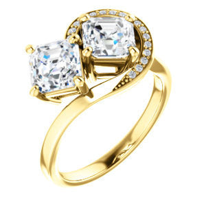 Cubic Zirconia Engagement Ring- The Lupita (Customizable Enhanced 2-stone Asymmetrical Asscher Cut Design with Semi-Halo)